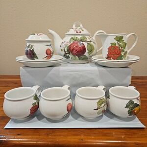 Portmeirion Pomona Tea Set Teapot Sugar Creamer Cups Saucers Botanical Fruit11pc